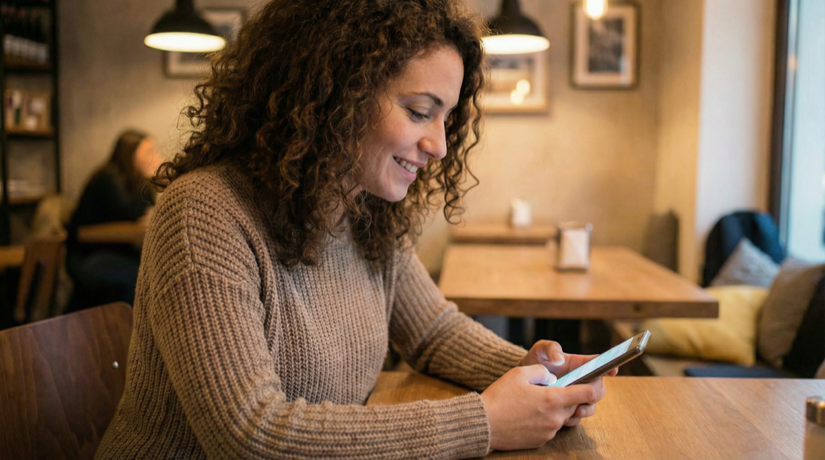 A woman smiling while looking at her phone in a cafe, staying connected with family through Dorris