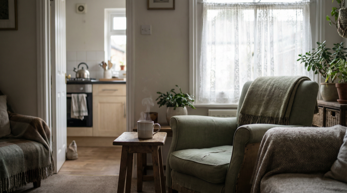 A warm, sunlit living room with a green armchair, a steaming cup of tea, and net curtains — the kind of home Dorris helps keep safe