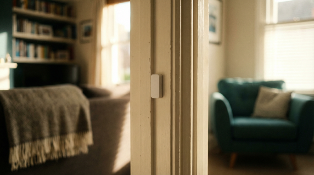 A discreet door contact sensor on a wooden door frame, blending naturally into a cosy home