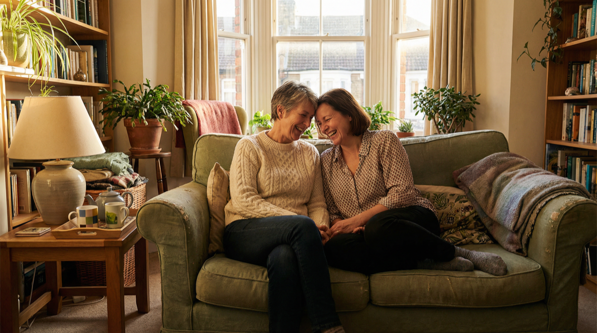 An adult daughter and her mother laughing together on a sofa in a warm living room