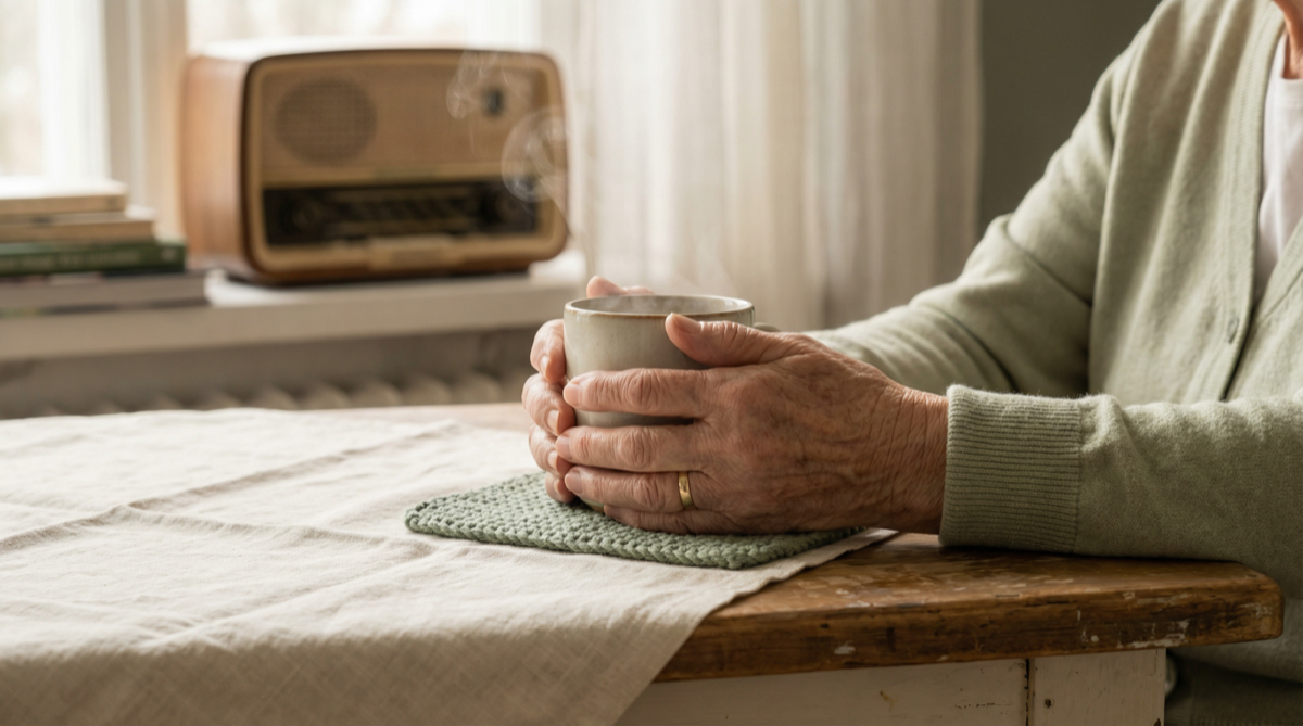 An older person's hands holding a warm cup of tea at a kitchen table, with a radio softly playing in the background